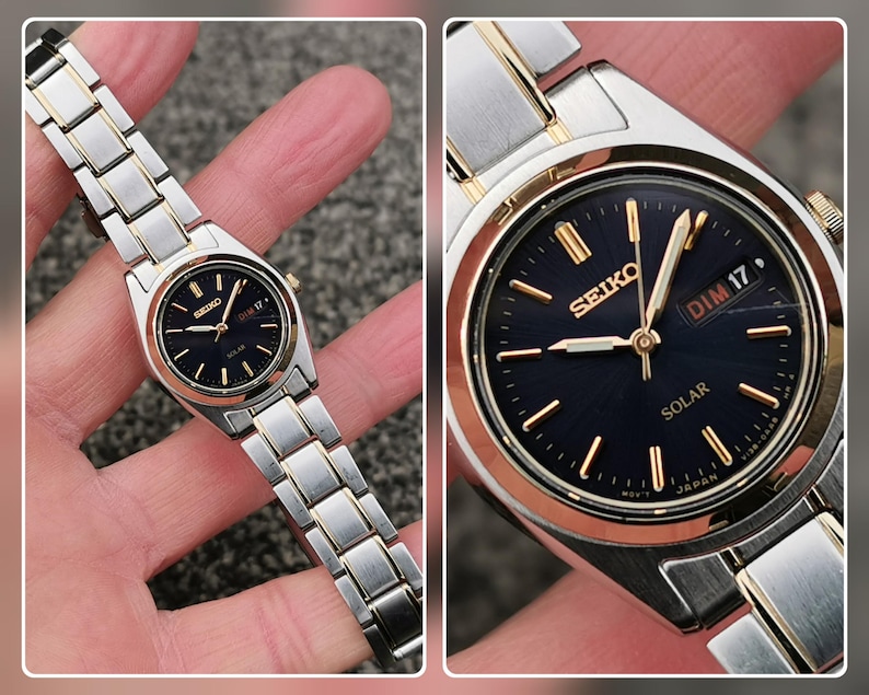 Seiko SOLAR-klocka, blå urtavla, ljusgrå visare, E/F-dagarsdatum, rostfritt stålarmband bild 2