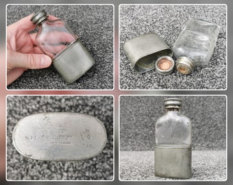 James Dixon & Sons 4.4" Miniature Hip Flask, 1/8pt 50ml 1.69oz Pewter Lid, Cup, Blown Glass, Made In England