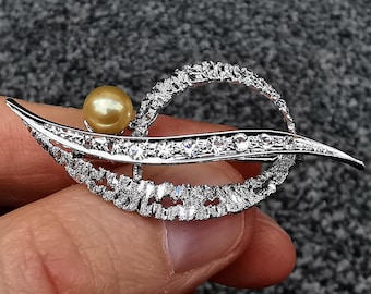 Silver Brooch, Vintage Diamante & Faux Pearl, Art Nouveau Style