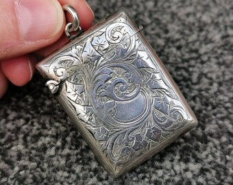 Antique Vesta Case, EPNS Silver Plated Match Safe, Engraved Foliate Design, Suspension Hoop