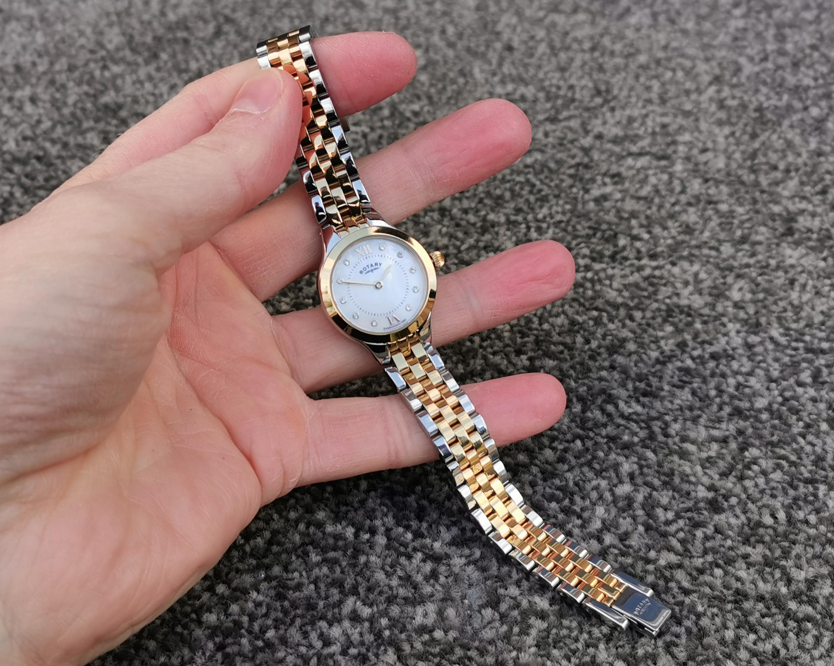 Rotary Quartz Watch, Crystal Pearl Dial, Two-Tone Stainless Steel Bracelet