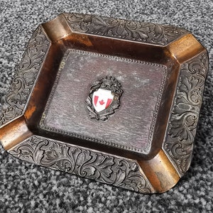 Vintage Copper Ashtray Arms Of Canada Crest, Edge Filigree, Souvenir & Collectable
