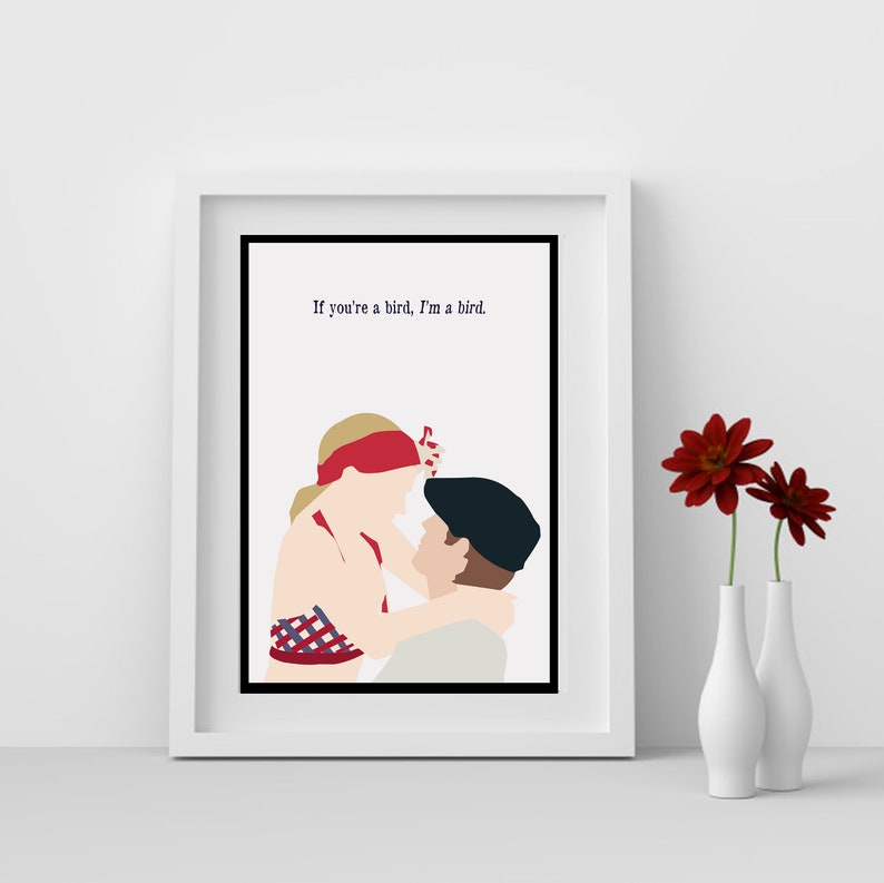 May include: A minimalist illustration of a couple embracing, with the woman wearing a red and white striped swimsuit and a red headband. The text "If you're a bird, I'm a bird." is printed above the couple.