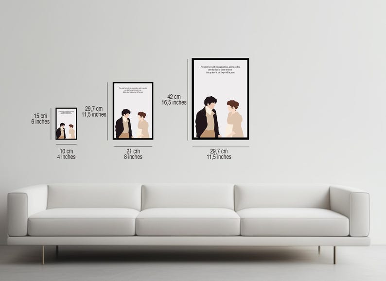 May include: Four framed prints of a couple in a minimalist style. The prints are in black frames and feature a quote from a book. The prints are arranged in a row on a white wall above a white couch. The largest print is 42 cm by 16.5 inches, the next largest is 29.7 cm by 11.5 inches, the next is 21 cm by 8 inches, and the smallest is 10 cm by 4 inches.