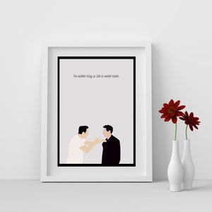 Könnte beinhalten: Eine Schwarzweißillustration von zwei Männern mit dem Zitat "Das Traurigste im Leben ist verschwendetes Talent." darüber.