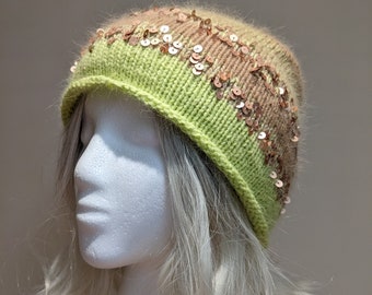 Gorro cálido de mujer de moda hecho de plumón de visón, súper suave y cálido con lentejuelas brillantes, gorro de lana, como y beige