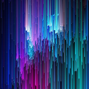 Puede incluir: Arte digital abstracto con líneas verticales de colores azul, morado, rosa y turquesa. Las líneas están borrosas y parecen moverse.