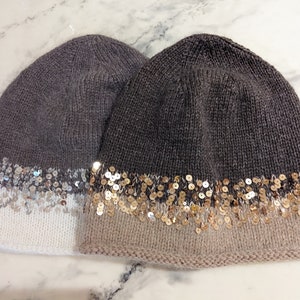 Winter Beanie Hat In Luxurious Mink Down, Cozy Sparkling Sequins, Wool Hat In Elegant Beige And Gray, Fashionable Women's Warm Headwear