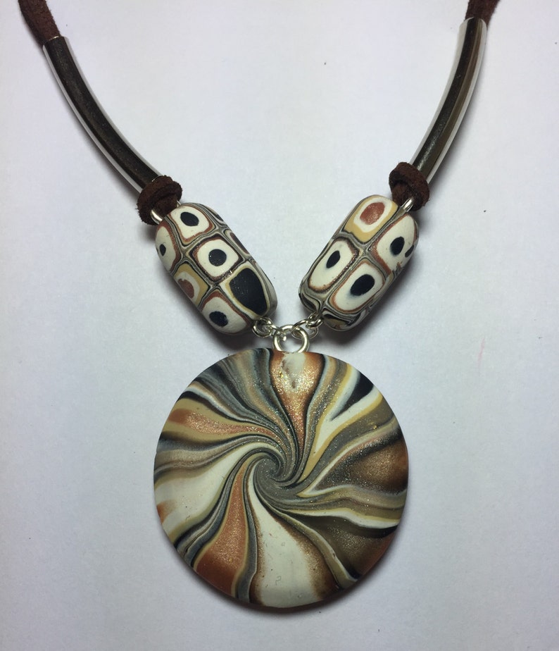 earrings and necklace with suede leather cord Double sided pendant Colourful swirl design set