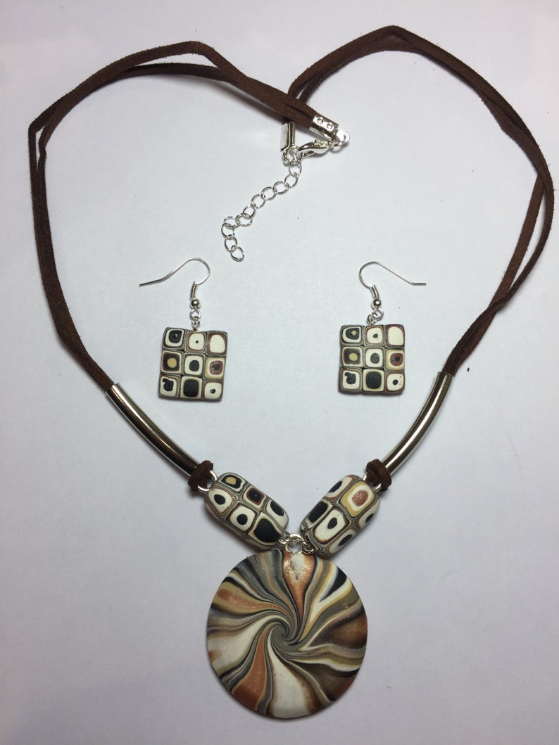 earrings and necklace with suede leather cord Double sided pendant Colourful swirl design set