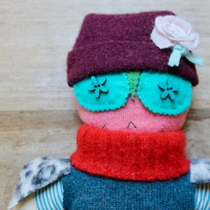 Handmade Owl Doll with Hat, Owl Mid Century Doll,Fabric Doll,Soft Nature Doll,Owl Doll, Wool Doll,Reclaimed Sweater Doll, Plushie Owl