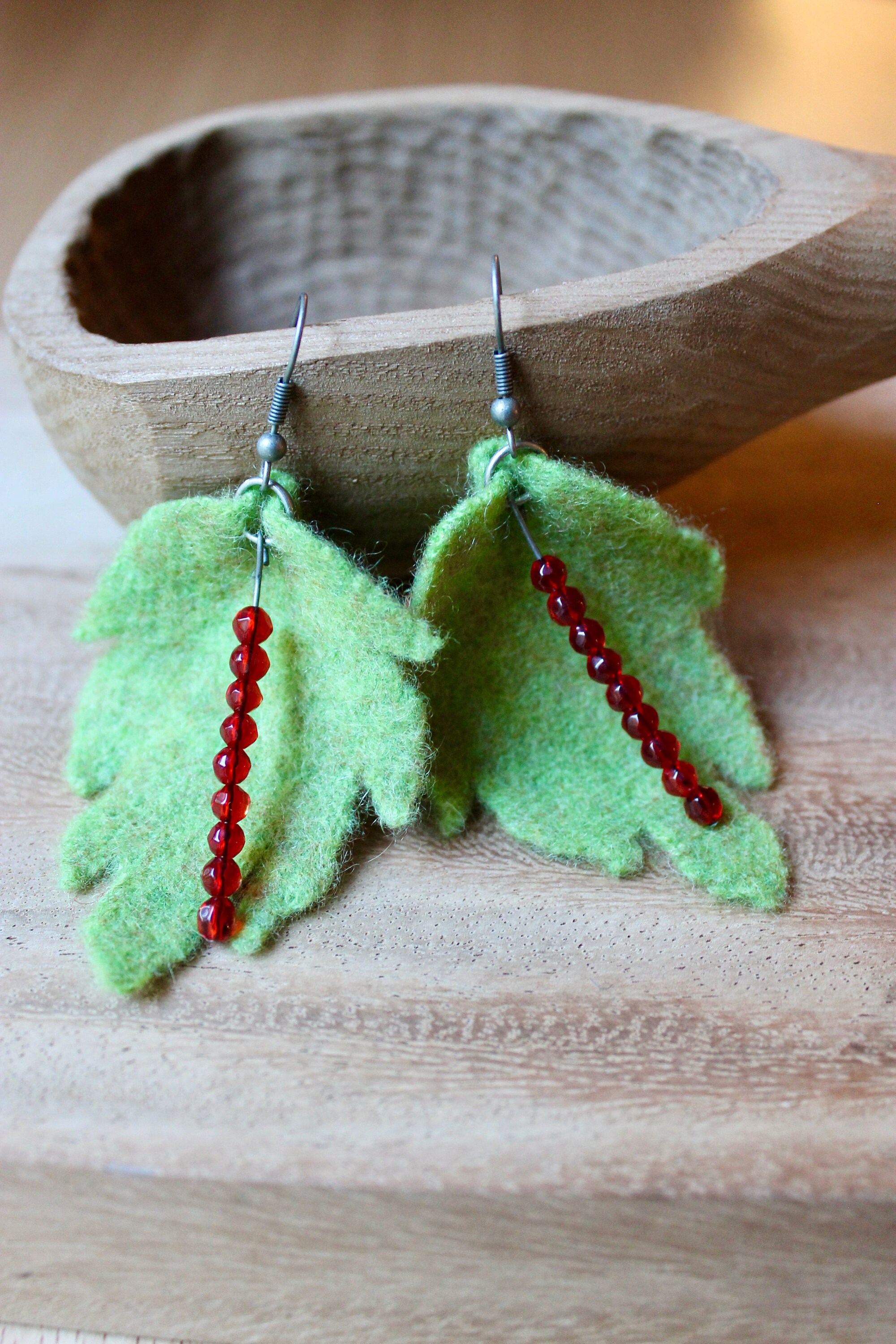 Green Felted Merino Wool Leaf Red Glass Bead Earrings Australia