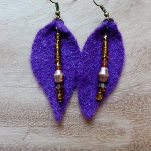 Purple Wool Felted Leaf Earrings Bead Purple Glass Pearl