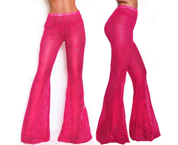 Hot Pink Aztec Print Lace Bell Bottom Pants/ Neon Boho Pants/ | Etsy