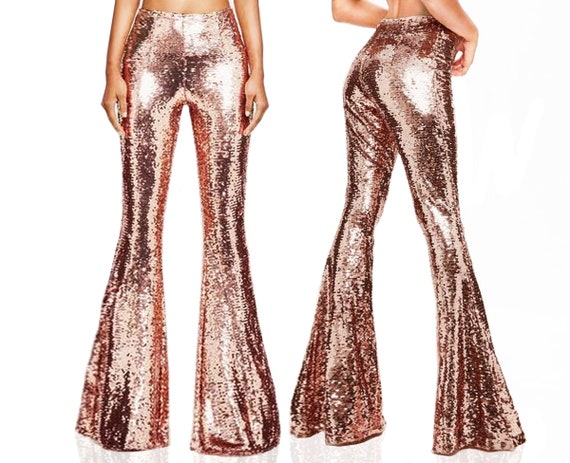 Custom Length Rose Gold Sequin Bell Bottom Pants/ Sequin Boho | Etsy