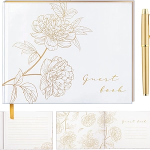 Goudgestempeld bruiloftsgastenboek, bruiloftsgastenboek met pen, bloemen gastenboek bruiloftsreceptie, ontwerp bruiloftsgastenboek, trouwboek