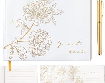 Libro de invitados de boda con sello dorado, libro de invitados de boda con bolígrafo, libro de invitados floral para recepción de boda, diseño de libro de invitados de boda, libro de bodas
