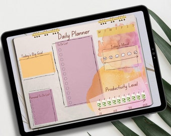 May include: A digital daily planner on a tablet screen with a watercolor background. The planner includes sections for today's big goal, to-do list, personal to-do list, today's mood, and productivity level.