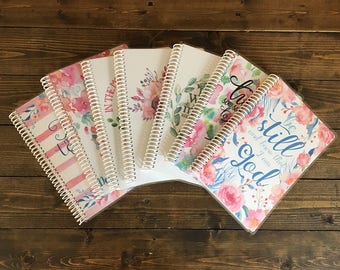 Devotional Study Prayer Journal, 8x5 handheld spiral bound, 75 page planner, 3 Page Options, 7 cover options