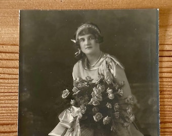 Old Victorian Antique Photo of Lady in Satin Wedding Gown - Sepia Tone Colors - Bouquet of Roses