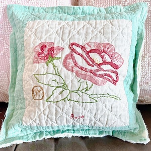 Small Vintage Pillow made from Antique Cutter Quilt - Hand Embroidered Flowers - Rose  - Decoration on bed, chair, couch, shelf, bench
