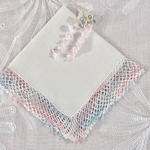 Vintage Linen Handkerchief with Light Pink and Light Blue Hand Crochet Lace Trim all the way around the edges - Hanky