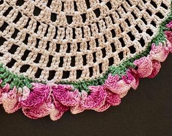 Ecru Hand Crocheted Doily with Purple Pansy's around the edge