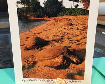 Hawaiian Turtle "Honu" on Beach Blank Photo Card with Envelope