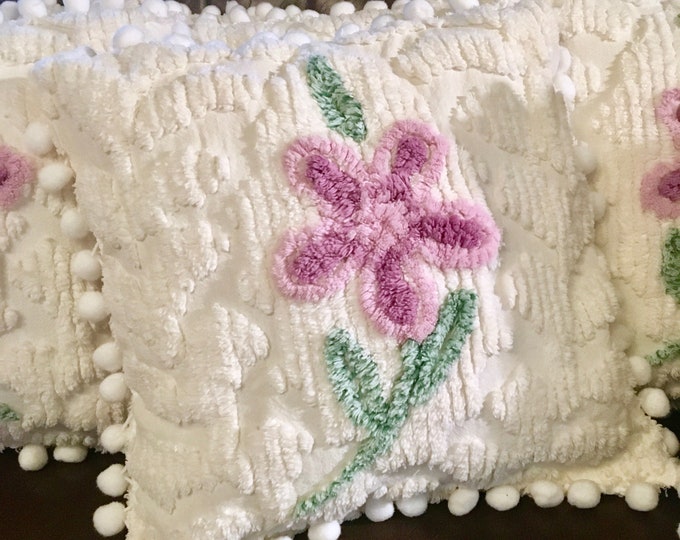 12 X 12 Vintage Chenille Pillow W/pom Pom Trim Etsy