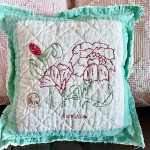 Small Vintage Pillow made from Antique Cutter Quilt - Hand Embroidered Flowers - Carnation - Decoration on bed, chair, couch, shelf, bench