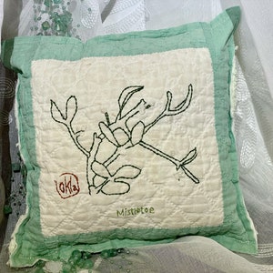 Small Vintage Pillow made from Antique Cutter Quilt - Hand Embroidered Flowers - Mistletoe - Decoration on bed, chair, couch, shelf, bench