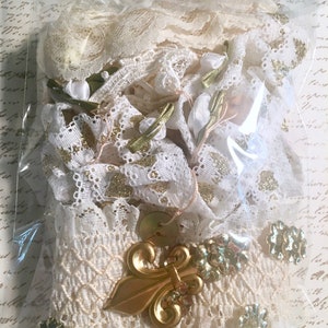 Bag of Lace- Satin Rosebuds, Sequence, Gold Metal Fleur de lis, Lace w/gold heart design - Lace Trim for Craft Projects, - Sewing - Wedding
