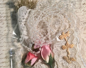 Bag of Lace - Silk & Rosebuds, String of Pearls, Gold Angel Charm - Lace Trim for Craft Projects - Sewing - Wedding - Crafting - More!