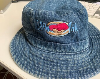 Vintage 90s Denim Bucket Hat Bru Thru Embroidered Graphic size S/M