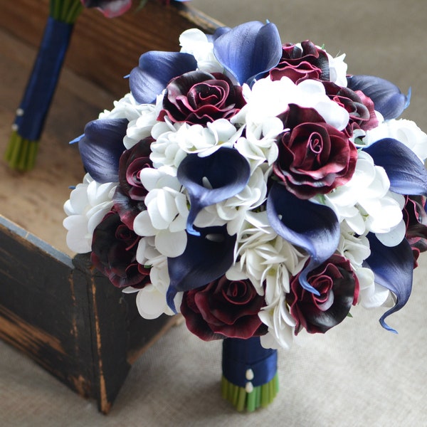 Rustic Bridesmaids Bouquet Burgundy Roses Navy Calla Lilies Real Touch Flowers Silk Flower Wedding Bouquets