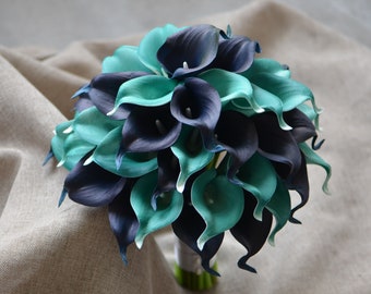 Navy Calla Lilies Wedding Package-teal Calla Lilies Silk Bridal Bouquet Real Touch Flowers navy Wedding Teal Wedding