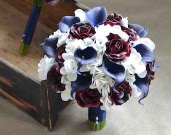 Rustic Bridesmaids Bouquet Burgundy Roses Navy Calla Lilies Real Touch Flowers Silk Flower Wedding Bouquets