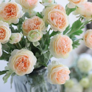 Puede incluir: Un ramo de flores artificiales de color melocot&oacute;n con una textura suave y rizada. Las flores est&aacute;n dispuestas en un jarr&oacute;n de vidrio transparente con una superficie texturizada.
