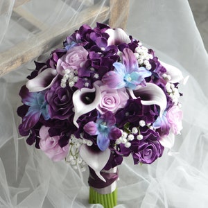 Blue Purple Bridal Bouquet Real Touch Calla Lilies Roses Silk Bridal Bouquets Thai orchid bouquet
