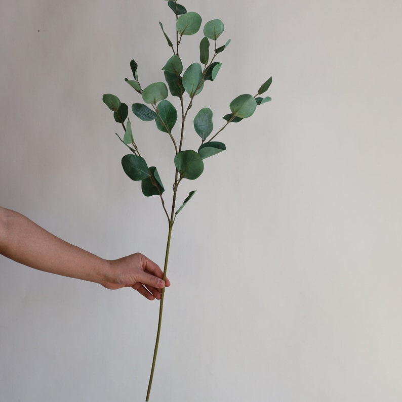Op de afbeelding: Een enkele stengel kunstmatige eucalyptus met groene bladeren. De stengel is lang en dun, en de bladeren zijn in een tros aan de bovenkant gerangschikt.