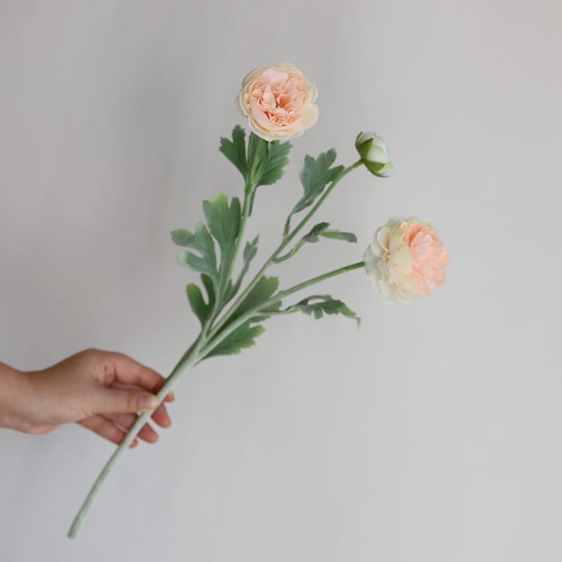 Puede incluir: Un ramo de tres flores de ran&uacute;nculo artificiales de color melocot&oacute;n con hojas verdes. Las flores est&aacute;n dispuestas en un ramo sostenido en la mano.