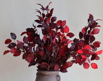 May include: A decorative arrangement of burgundy-colored leaves in a rustic, brown ceramic vase. The leaves have a rich, deep red hue, with some showing hints of purple. The vase has two small handles and a textured surface.