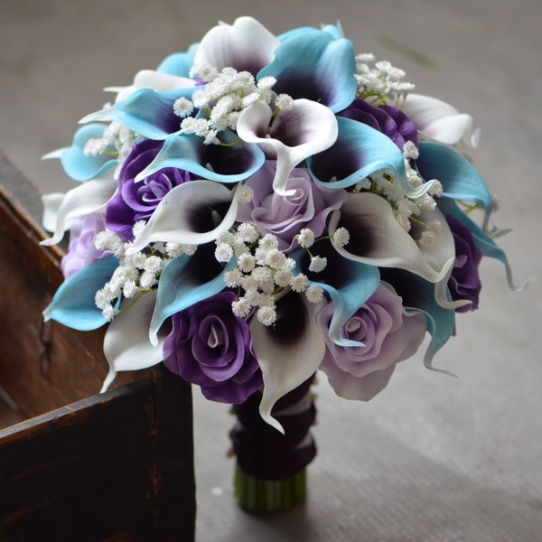 Bouquets de mariage, Bouquets de mariée bleu violet, Bouquets de mariage violets, Bouquets de demoiselles d’honneur violets Roses