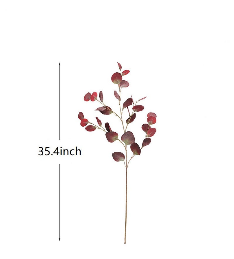 May include: A single stem of artificial eucalyptus with burgundy leaves. The stem is 35.4 inches long.
