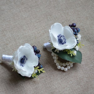 White Anemone Boutonniere Real Touch Flowers Anemone Wrist Corsage Flowers With Navy Center