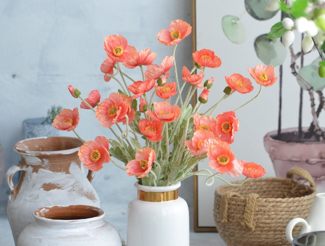 Coral Poppy Flowers Artificial Poppy Silk Wildflowers Silk Etsy