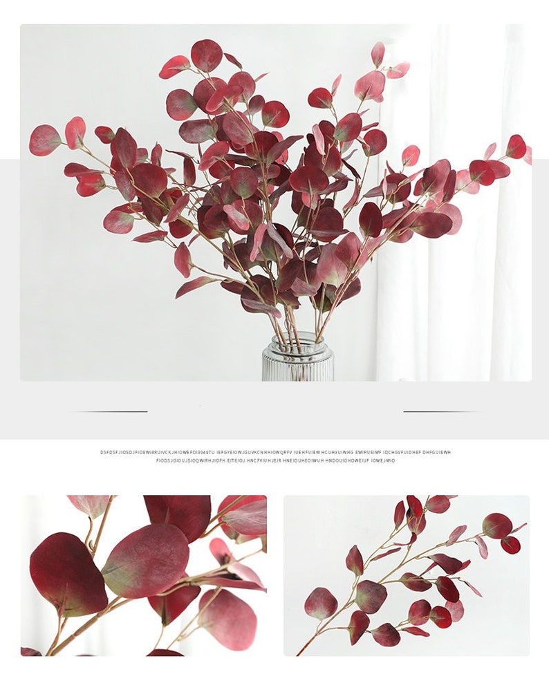 May include: A bouquet of artificial eucalyptus branches with burgundy leaves. The branches are arranged in a clear glass vase with a textured surface.