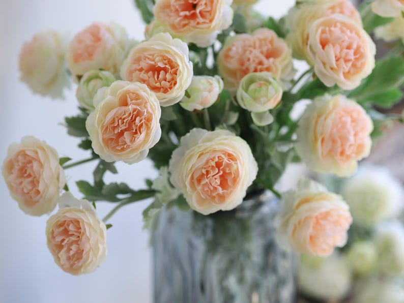 Puede incluir: Un ramo de flores artificiales de color melocot&oacute;n en un jarr&oacute;n. Las flores tienen una textura delicada y rizada y est&aacute;n dispuestas en un estilo suelto y natural.