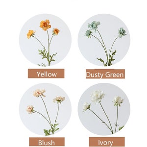May include: Four circular displays of artificial flowers on thin green stems with serrated leaves. The top left shows yellow flowers labeled Yellow, top right shows dusty green flowers labeled Dusty Green, bottom left shows blush flowers labeled Blush, and bottom right shows ivory flowers labeled Ivory.