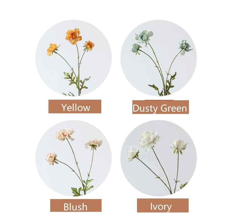 May include: Four circular displays of artificial flowers on thin green stems with serrated leaves. The top left shows yellow flowers labeled Yellow, top right shows dusty green flowers labeled Dusty Green, bottom left shows blush flowers labeled Blush, and bottom right shows ivory flowers labeled Ivory.